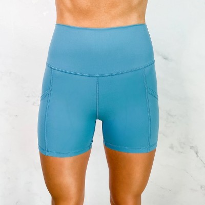 High waisted solid color biker shorts with pockets butt lifting yoga shorts