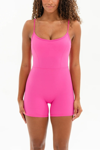 Women's spaghetti strap one piece fitness shorts U back basic style short rompers