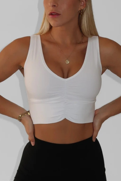 New arrival v neck ruched sports bra medium to high impact removable padding yoga bralette
