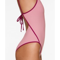 V neck spaghetti strap color block back tie swimsuits one piece sexy open back bathwear
