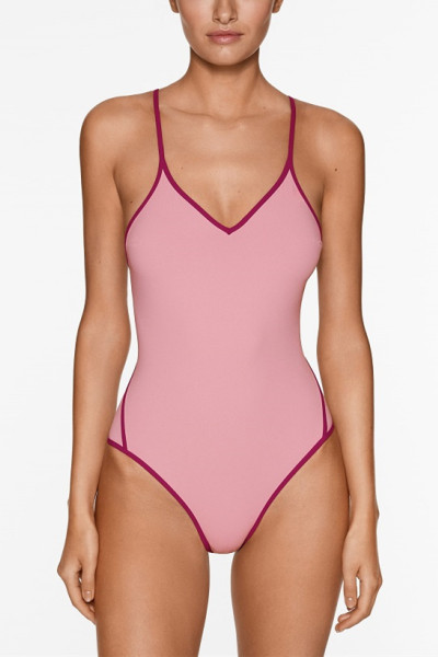 V neck spaghetti strap color block back tie swimsuits one piece sexy open back bathwear