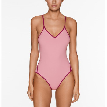 V neck spaghetti strap color block back tie swimsuits one piece sexy open back bathwear