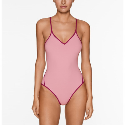 V neck spaghetti strap color block back tie swimsuits one piece sexy open back bathwear
