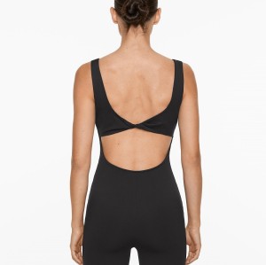 Squre neck wide strap padded jumpsuits twist back one piece fitness sets