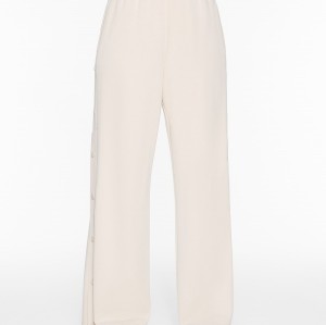 Elastic waist wide leg cotton fleece pants with buttons comfortable cozy trousers