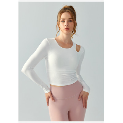 Long sleeve scoop neck cut out athleisure crop tees with padding