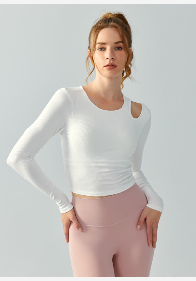 Long sleeve scoop neck cut out athleisure crop tees with padding