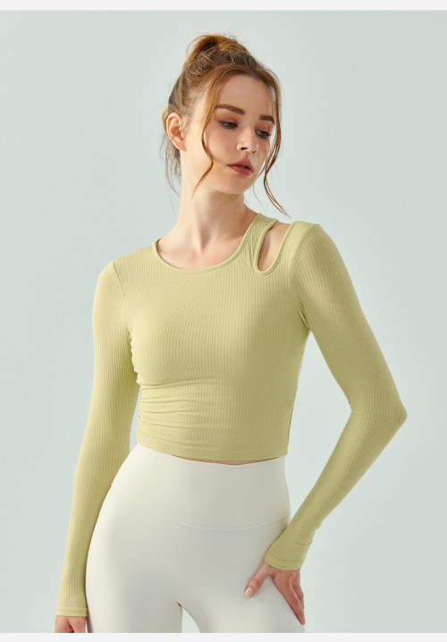 Long sleeve scoop neck cut out athleisure crop tees with padding