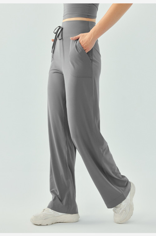 Adjustable waist relaxed fit wide leg pants with side pockets