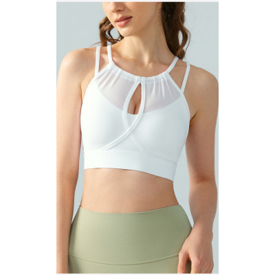 New trendy mesh spliced sports bra medium support fitness crop top for women