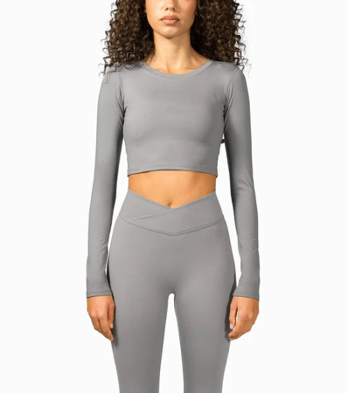 Lightweight long sleeve scoop neck yoga crop top full coverage mositure-wicking sports tees