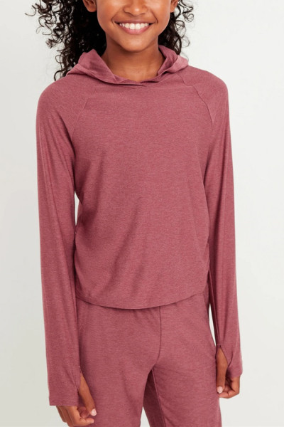 New arrival lightweight performance hoodie for girls side ruched long sleeve hooded t shirts