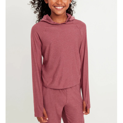 New arrival lightweight performance hoodie for girls side ruched long sleeve hooded t shirts