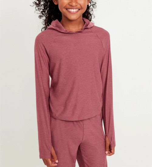 New arrival lightweight performance hoodie for girls side ruched long sleeve hooded t shirts