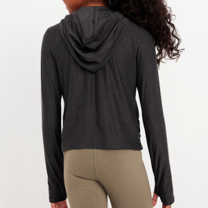 New arrival lightweight performance hoodie for girls side ruched long sleeve hooded t shirts