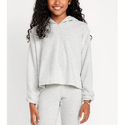Cropped rib cotton cozy hoodies for girls loose fit drop shoulder cute sweatshirts with hood