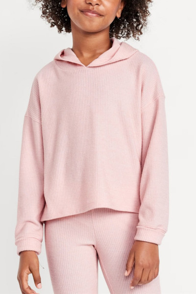 Cropped rib cotton cozy hoodies for girls loose fit drop shoulder cute sweatshirts with hood