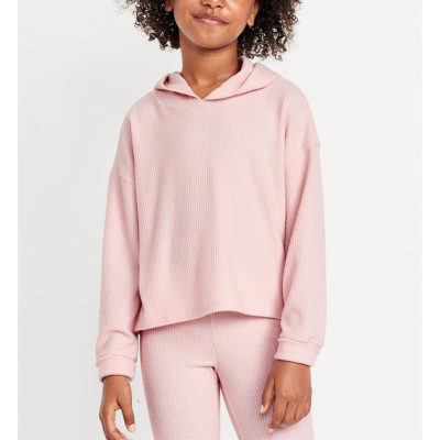 Cropped rib cotton cozy hoodies for girls loose fit drop shoulder cute sweatshirts with hood