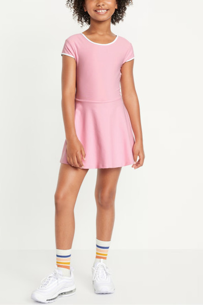Girls short sleeve athletic dress crew neck contrast trim one piece tennis dress for girls