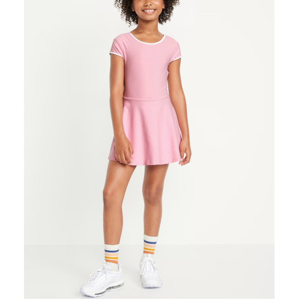 Girls short sleeve athletic dress crew neck contrast trim one piece tennis dress for girls