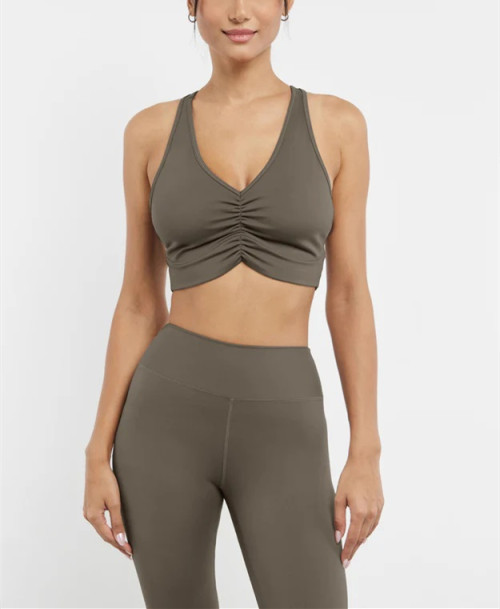 V neck ruched longline sports bra racer back gym crop top