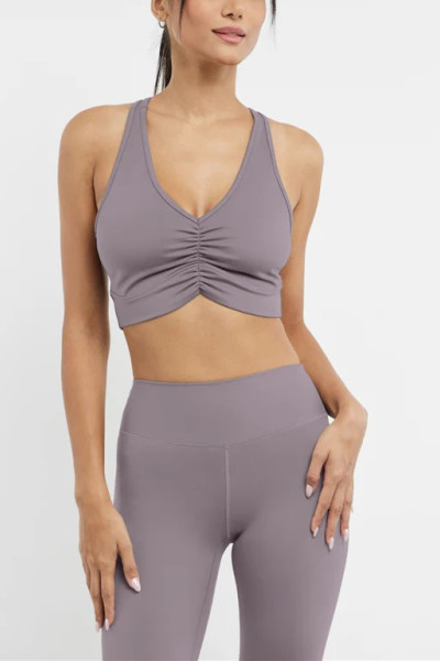 V neck ruched longline sports bra racer back gym crop top