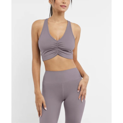 V neck ruched longline sports bra racer back gym crop top