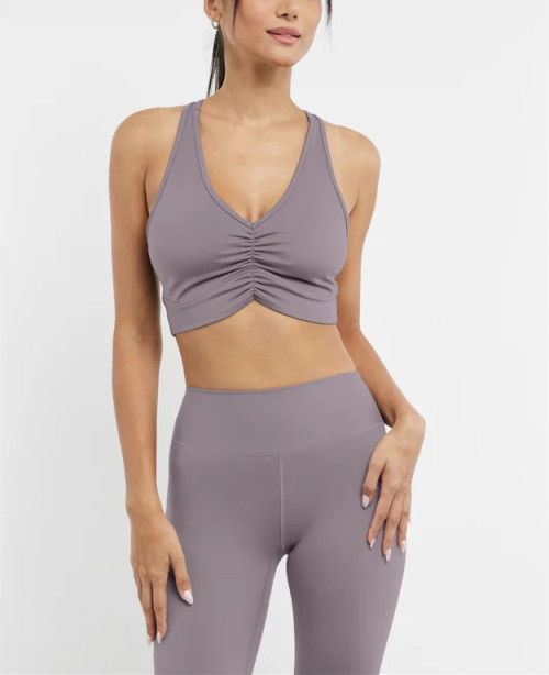 V neck ruched longline sports bra racer back gym crop top