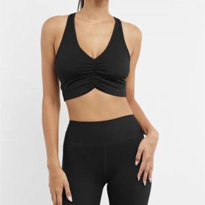 V neck ruched longline sports bra racer back gym crop top