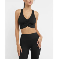 V neck ruched longline sports bra racer back gym crop top