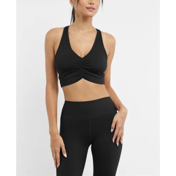 V neck ruched longline sports bra racer back gym crop top