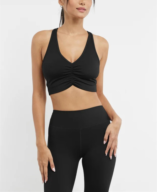 V neck ruched longline sports bra racer back gym crop top