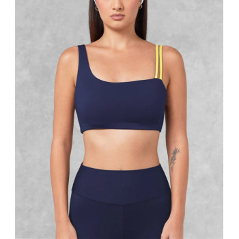 Asymmetric unique padded sports bra compressive color block fitness top