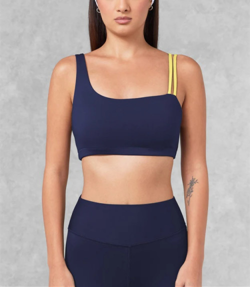 Asymmetric unique padded sports bra compressive color block fitness top