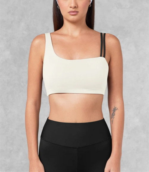 Asymmetric unique padded sports bra compressive color block fitness top