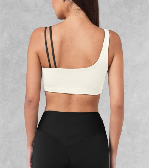 Asymmetric unique padded sports bra compressive color block fitness top