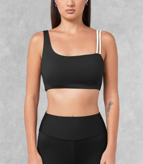 Asymmetric unique padded sports bra compressive color block fitness top