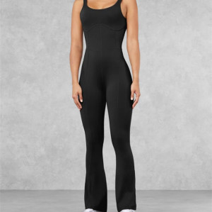 Nude feeling U back yoga flared jumpsuits with wide strap scoop neck bodycorn fitness rompers