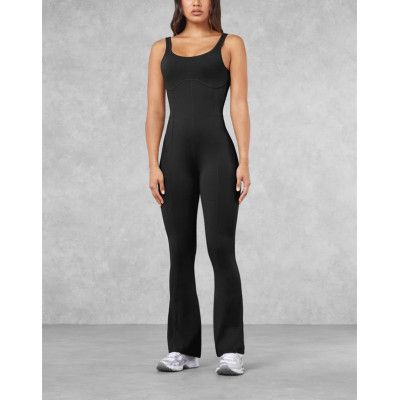 Nude feeling U back yoga flared jumpsuits with wide strap scoop neck bodycorn fitness rompers