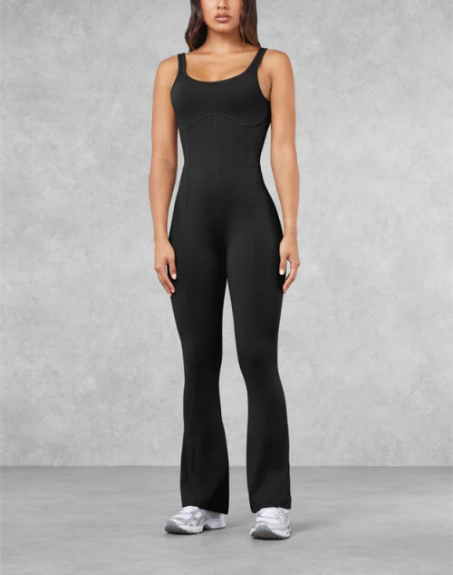 Nude feeling U back yoga flared jumpsuits with wide strap scoop neck bodycorn fitness rompers