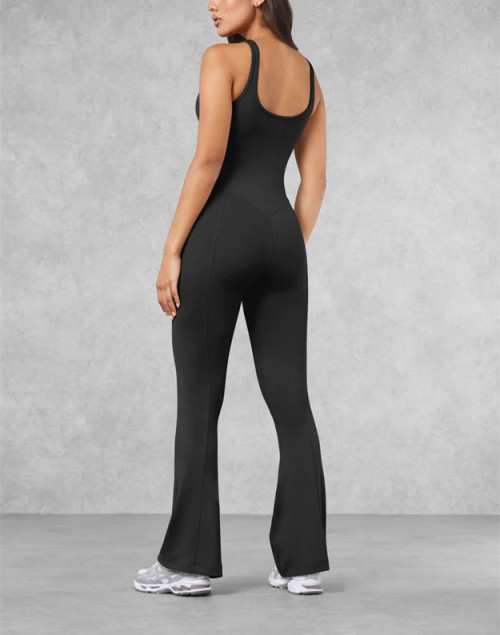 Nude feeling U back yoga flared jumpsuits with wide strap scoop neck bodycorn fitness rompers