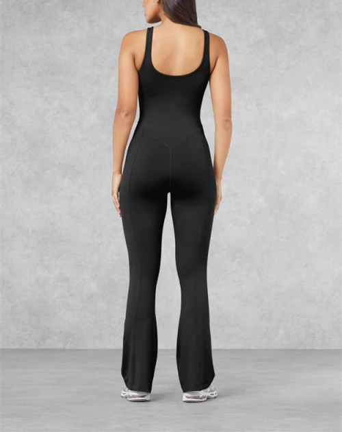 Nude feeling U back yoga flared jumpsuits with wide strap scoop neck bodycorn fitness rompers