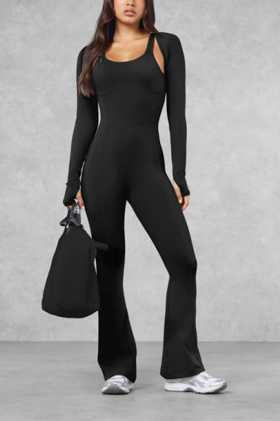 Nude feeling U back yoga flared jumpsuits with wide strap scoop neck bodycorn fitness rompers