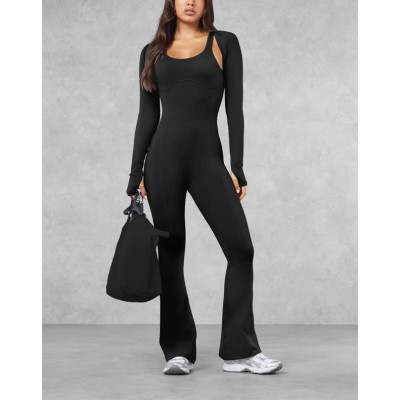 Nude feeling U back yoga flared jumpsuits with wide strap scoop neck bodycorn fitness rompers