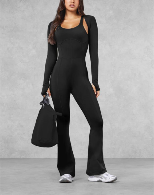 Nude feeling U back yoga flared jumpsuits with wide strap scoop neck bodycorn fitness rompers