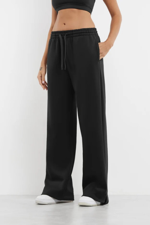 Adjustable waist wide leg pants with side pockets cotton fleece women's joggers