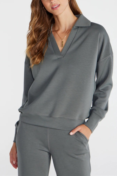 Women's relaxed fit polo neck sweatshirts drop shoulder pullovers