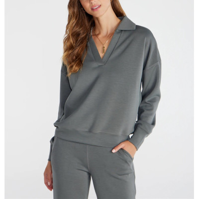 Women's relaxed fit polo neck sweatshirts drop shoulder pullovers