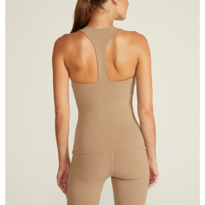 Women's fitted t back ribbed sports tank with wide strap hip length tank top