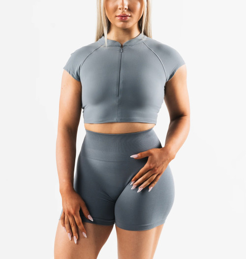 Short sleeve zip bra longline padded gym top